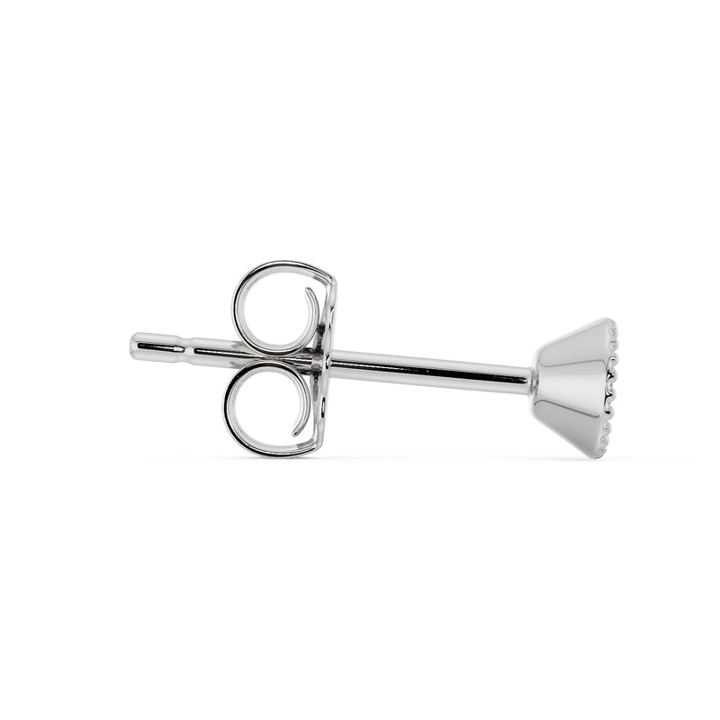 Side profile of 14K white gold French milgrain stud earring showing thin post and open butterfly backing