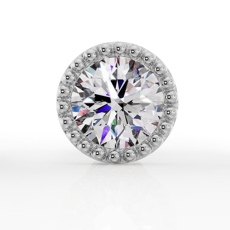 Straight-on front view of 14K white gold French milgrain stud earring with round CZ centered in beaded bezel