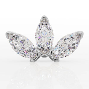 14k white gold marquise lotus threadless stud end with three sparkling CZ gems, front view