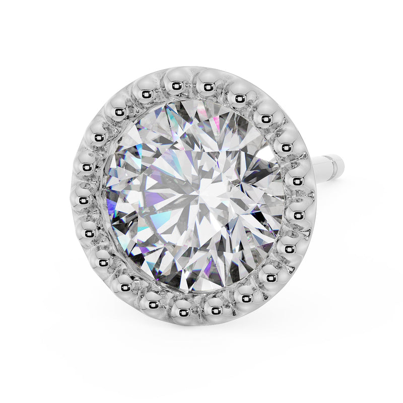 14K white gold milgrain stud with CZ from above-angled perspective, showcasing larger brilliant facets and beads