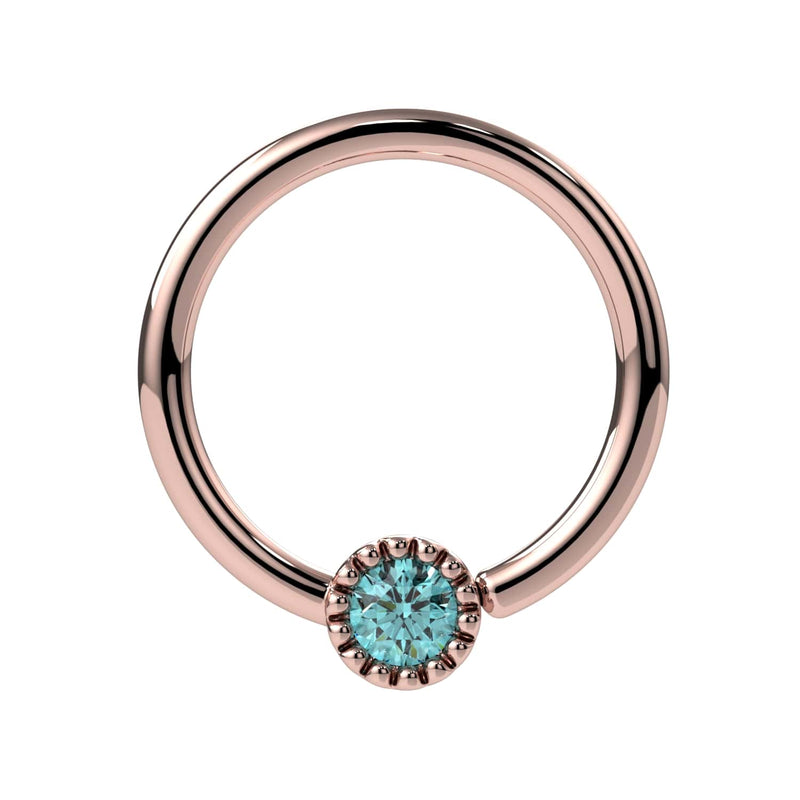 14k rose gold aqua diamond Perlagé fixed bead ring, front view showing warm tone against aqua-blue diamond