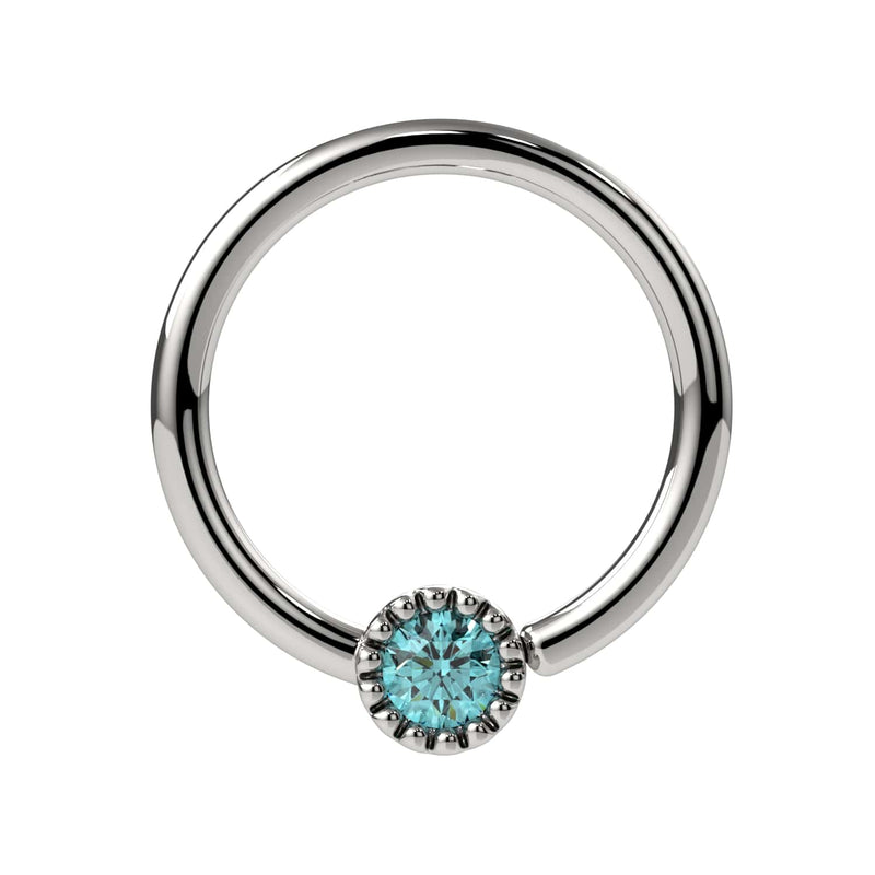 14k white gold aqua diamond Perlagé fixed bead ring, front view with milgrain bezel setting