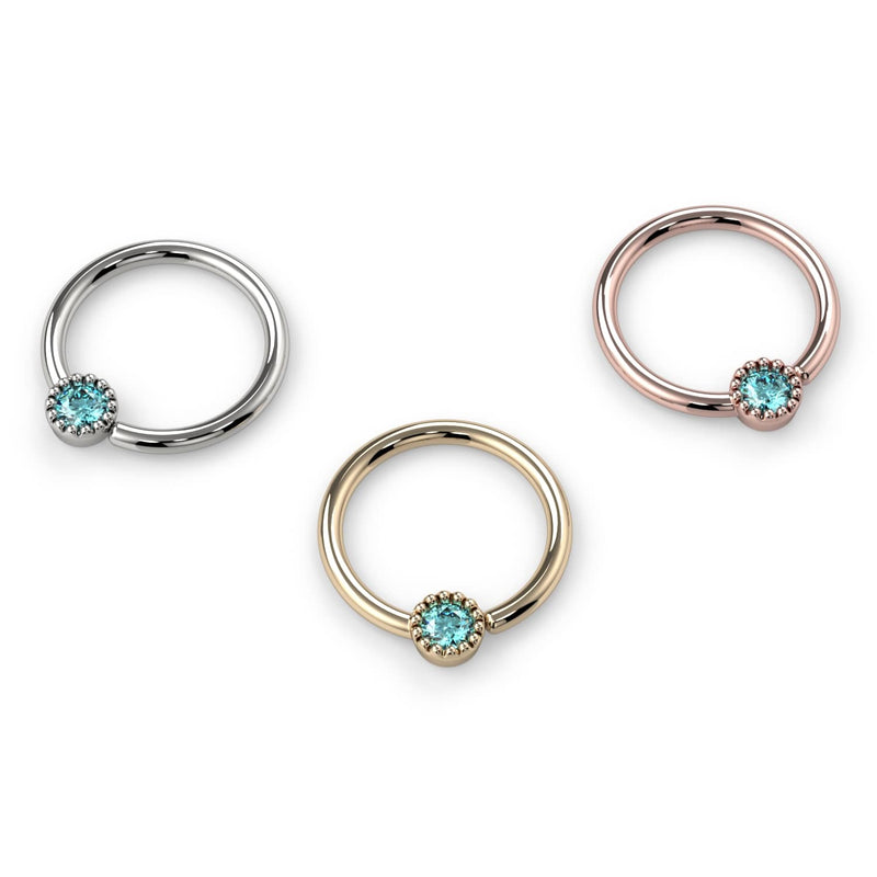 Aqua diamond Perlagé fixed bead ring in all three metals: 14k white gold, yellow gold, and rose gold