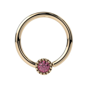 14k yellow gold pink diamond Perlagé fixed bead ring with milgrain bezel setting, front view