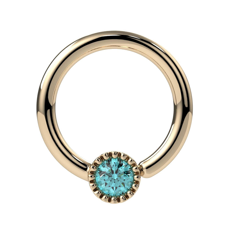 14k yellow gold aqua diamond Perlagé fixed bead ring, slightly elevated front angle showing milgrain bead detail