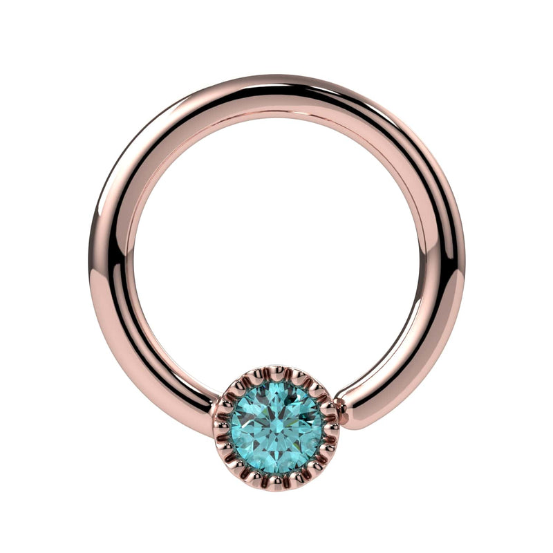 14k rose gold aqua diamond Perlagé fixed bead ring, slightly elevated front angle with aqua diamond centered