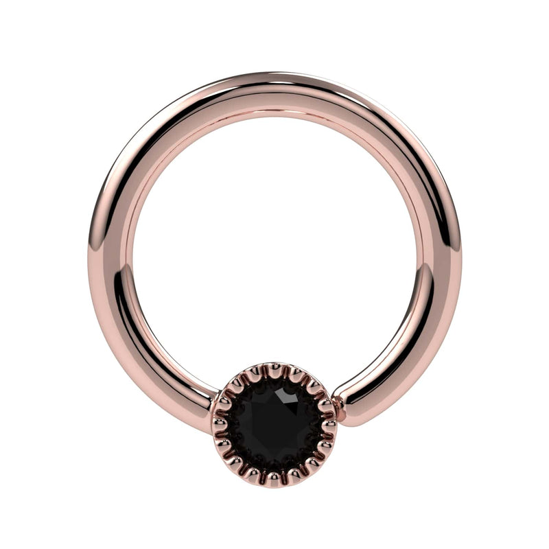 14k rose gold Perlagé fixed bead ring with black diamond, slightly angled front view showing milgrain bead detail