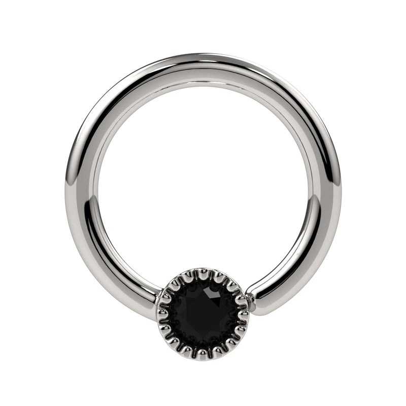 14k white gold black diamond Perlagé fixed bead ring, slightly angled front view emphasizing milgrain bezel contrast