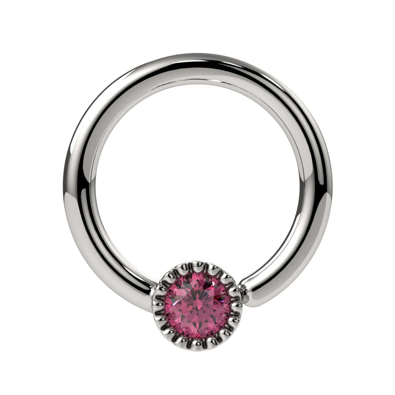 14k white gold pink diamond Perlagé captive bead ring, angled front view showing milgrain bezel