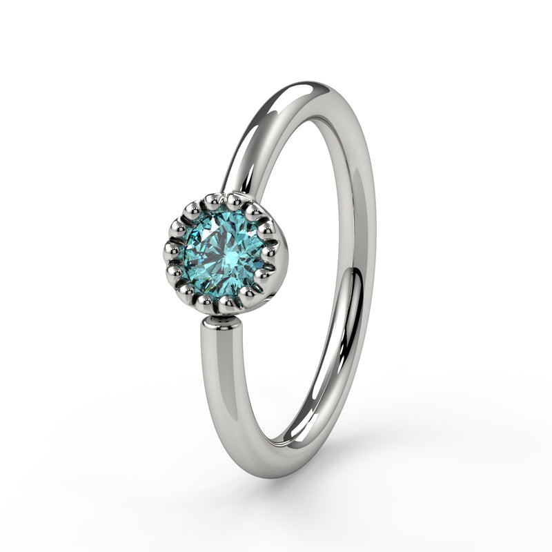 14k white gold aqua diamond Perlagé fixed bead ring, angled front view with milgrain bezel detail