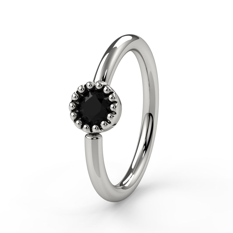14k white gold black diamond Perlagé fixed bead ring with milgrain bezel setting, angled front view