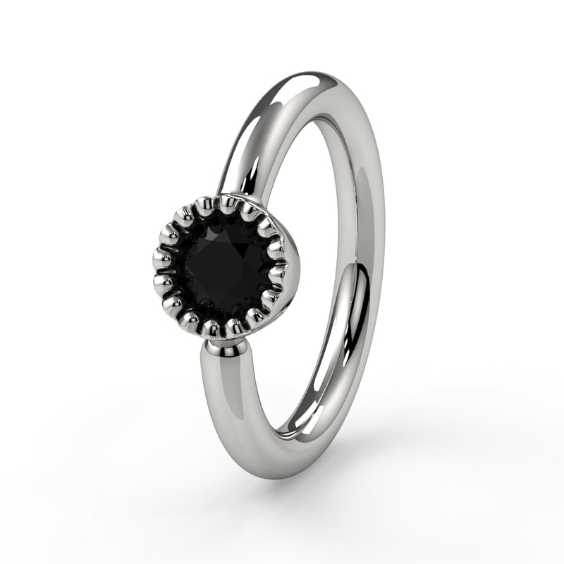 14k white gold black diamond Perlagé captive bead ring with prominent milgrain bezel, front angle view