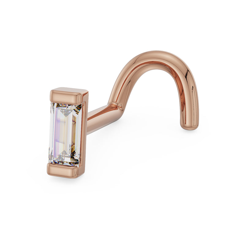14K rose gold baguette diamond nose ring twist style, angled view showing diamond bar setting and curved post