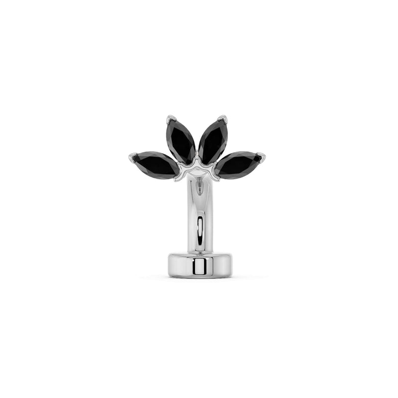 14k white gold marquise fan floating belly ring with black diamond marquise stones, front view