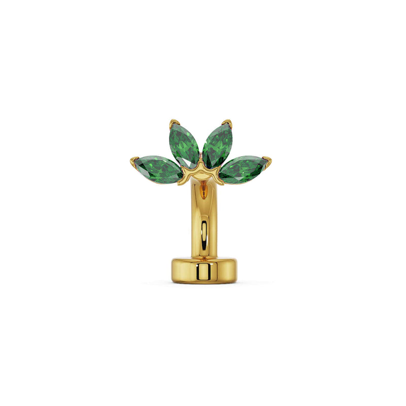 14k yellow gold marquise fan floating belly ring with emerald green marquise gemstones