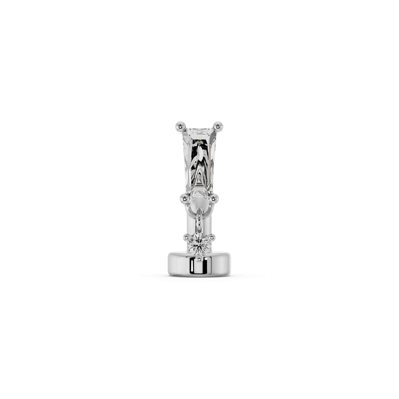14k white gold baguette drop floating navel ring, front view with tapered CZ and round dangle detail