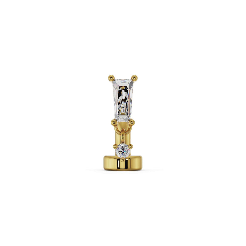 14k yellow gold baguette drop floating navel ring, front view showing tapered CZ and round dangle