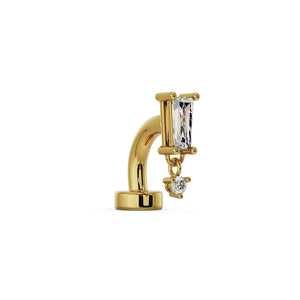 14k yellow gold baguette drop floating navel ring with CZ tapered baguette and round dangle, side view