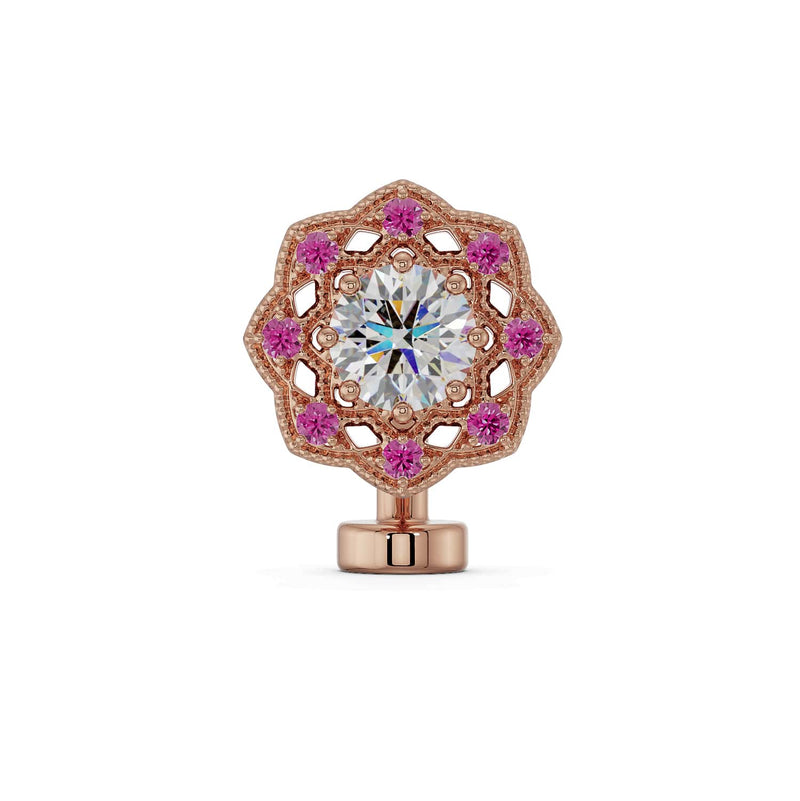 14K rose gold Celtic floating belly ring with diamond center and pink sapphire halo