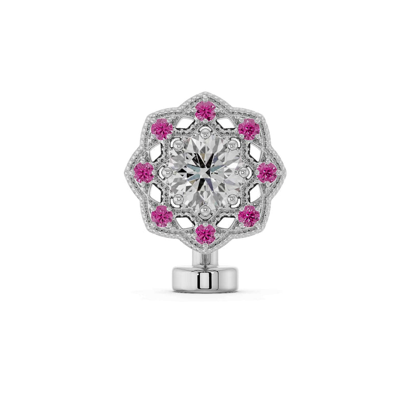 14K white gold Celtic floating navel ring with diamond center and pink sapphire halo