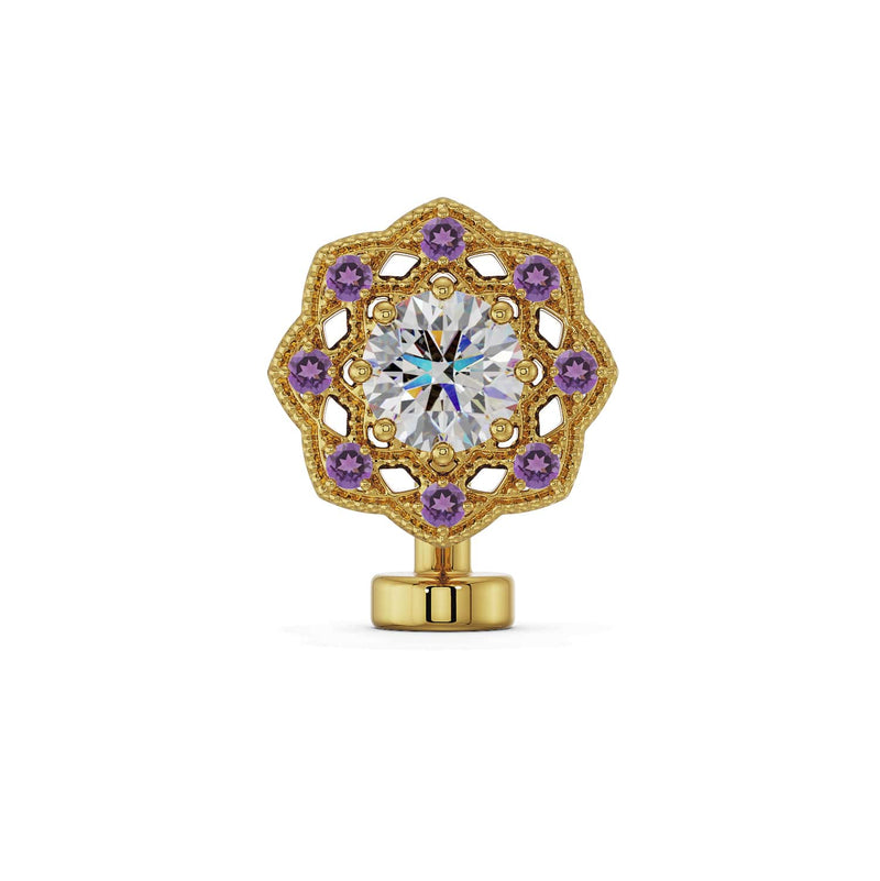 14K yellow gold Celtic floating navel ring with diamond center and amethyst halo, front view