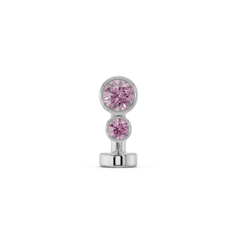 14k white gold bubble bezel floating navel ring with bright pink sapphire stones, front view