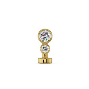 14k yellow gold bubble bezel floating navel ring with two round CZ stones, front view