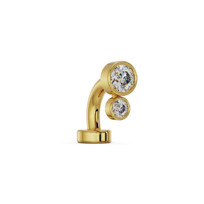 Side profile of 14k yellow gold bubble bezel floating navel ring showing curved barbell shape