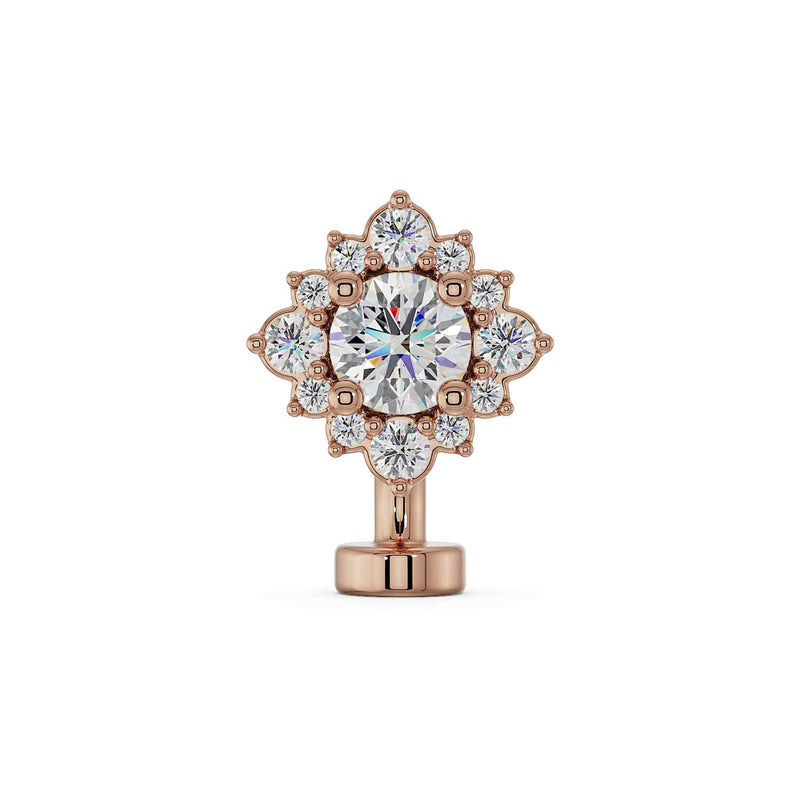 14k rose gold floating navel ring with round CZ center and diamond halo, front view