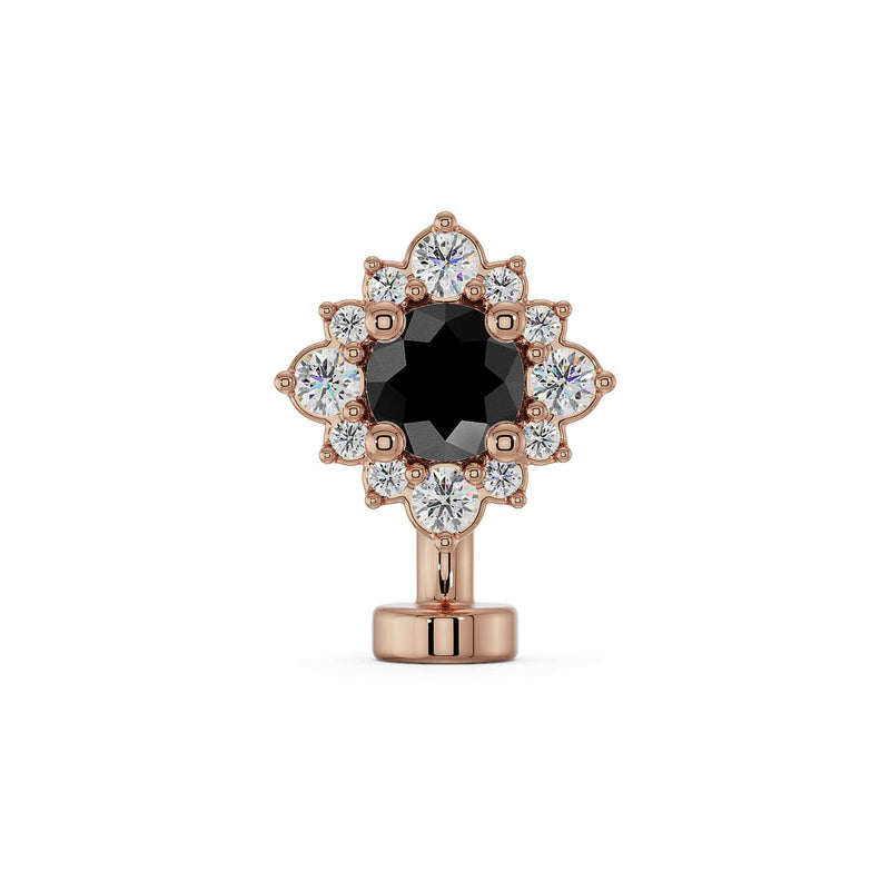 14k rose gold floating navel ring with black diamond center and white diamond halo, front view