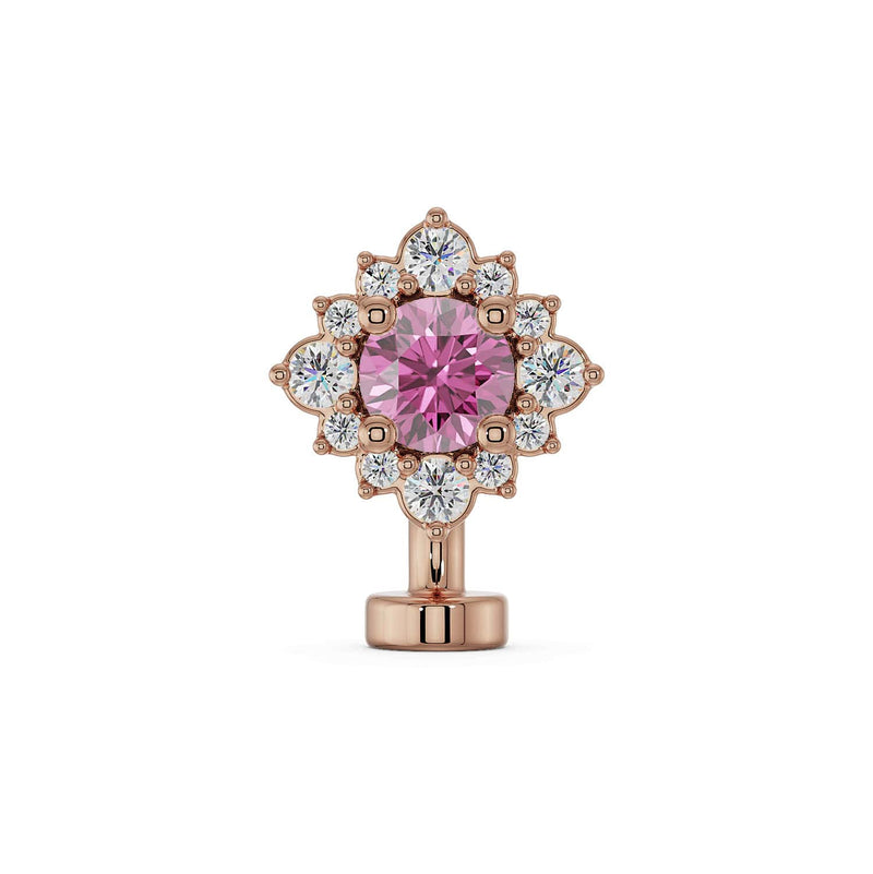 14k rose gold floating belly ring with pink sapphire center and diamond halo, front view