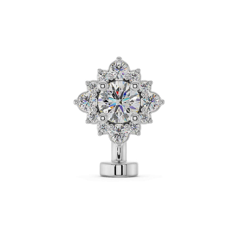 14k white gold floating belly ring with round CZ center and diamond halo, front view