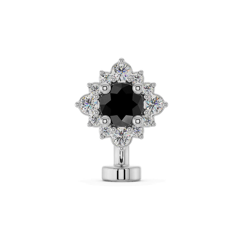 14k white gold floating belly ring with black diamond center and white diamond halo, front view