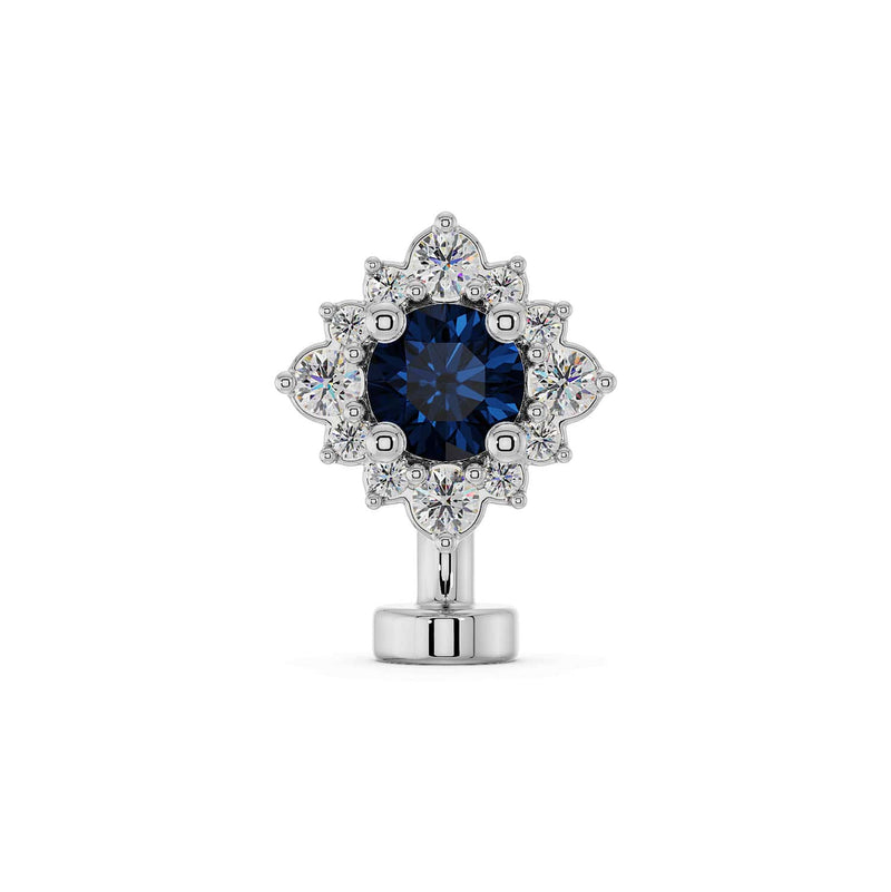 14k white gold floating navel ring with blue sapphire center and diamond halo, front view