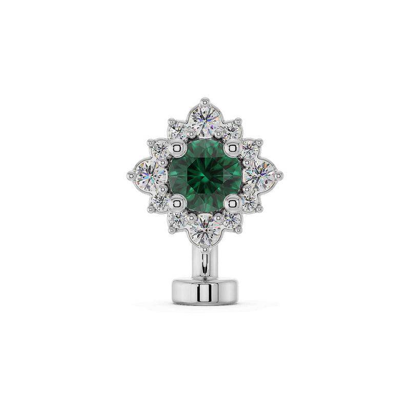 14k white gold floating navel ring with emerald center stone and diamond halo, front view