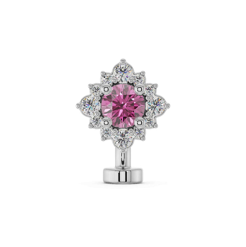 14k white gold floating belly ring with pink sapphire center and diamond halo, front view