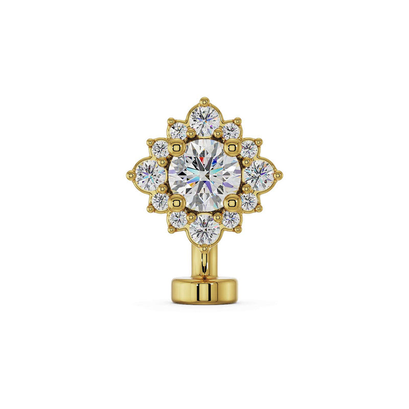 14k yellow gold floating navel ring with CZ center stone and diamond halo, front view