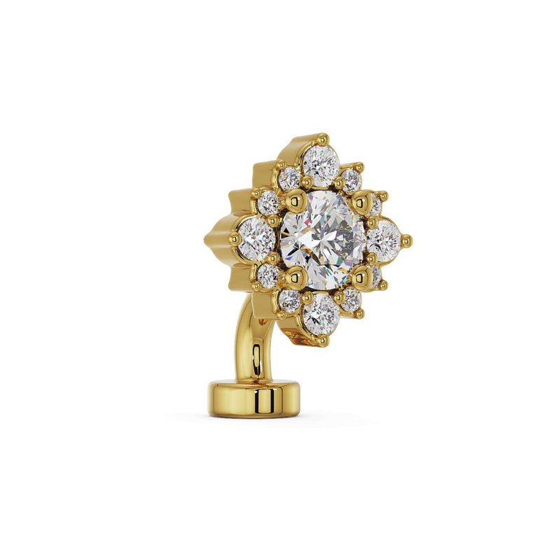 Side profile of 14k yellow gold CZ halo floating navel ring showing curved barbell post