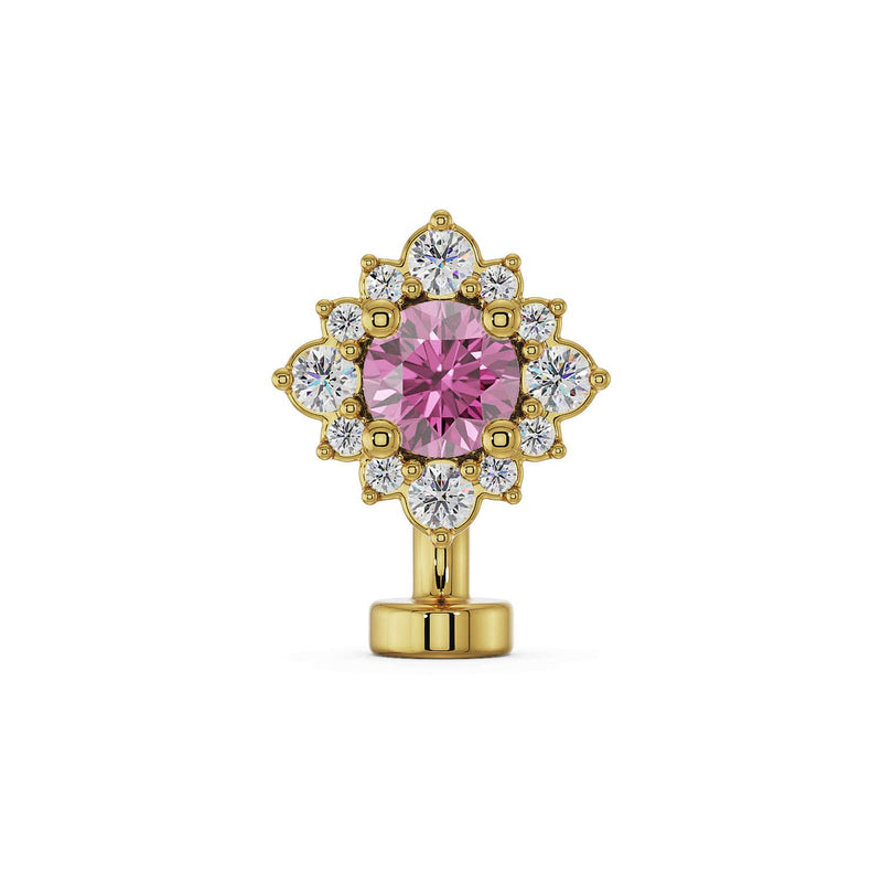 14k yellow gold floating navel ring with pink sapphire center and diamond halo, front view