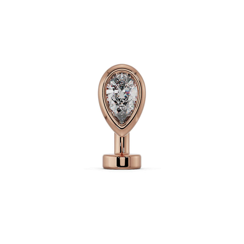 14k rose gold petite teardrop floating belly ring with clear CZ stone, front view on white background