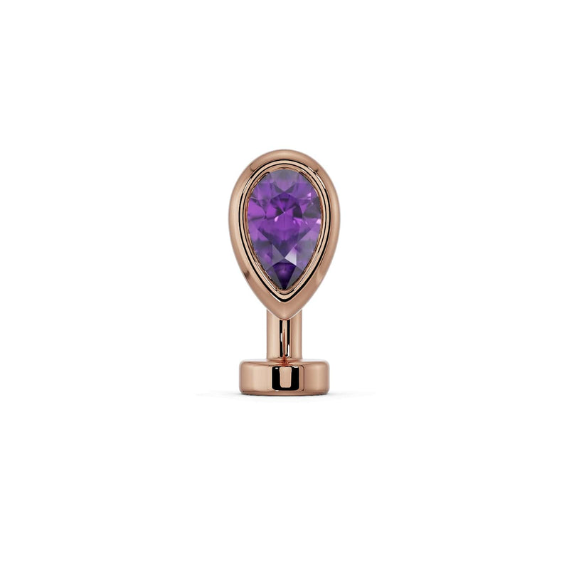 14k rose gold petite teardrop floating belly ring with amethyst stone in bezel setting, front view