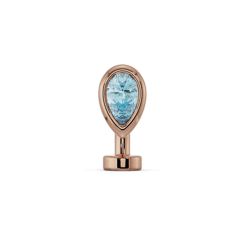 14k rose gold floating belly ring with aquamarine teardrop stone in bezel setting, front view