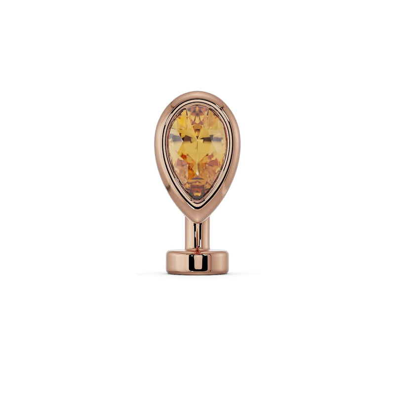 14k rose gold citrine teardrop floating navel ring with warm yellow pear-cut stone, front view
