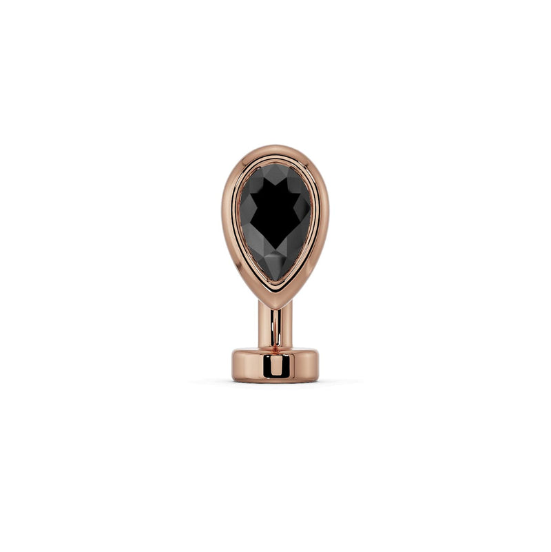 14k rose gold petite floating navel ring with black onyx teardrop stone, front view on white background