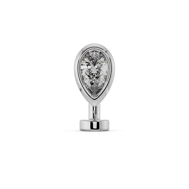 14k white gold CZ teardrop floating navel ring, front view showing pear bezel setting
