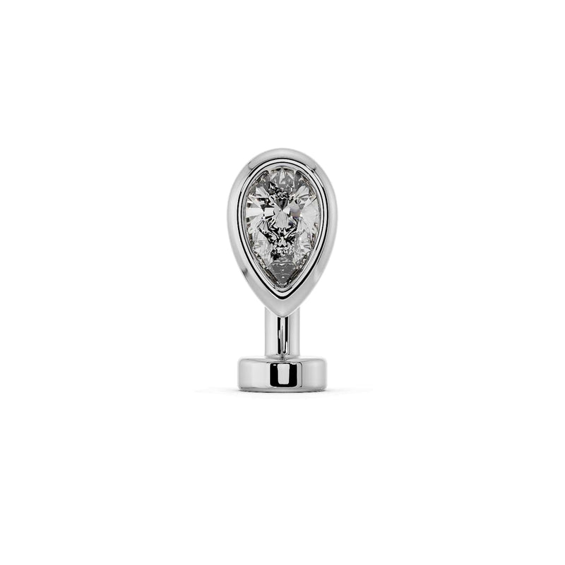 14k white gold petite teardrop floating belly ring with clear CZ, front view on white background