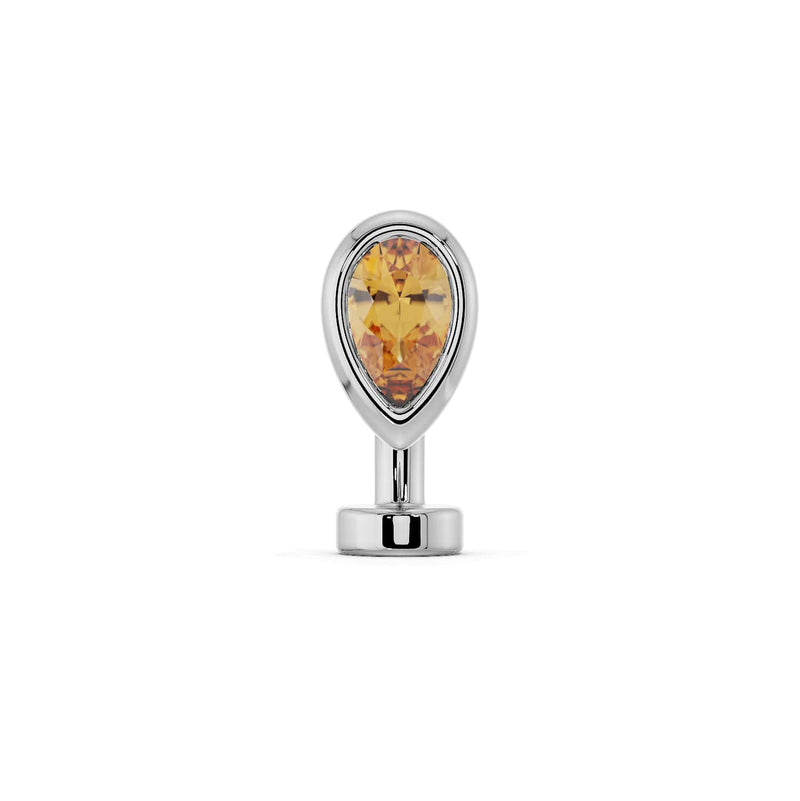 14k white gold floating navel ring with citrine pear-cut stone in bezel setting, front view