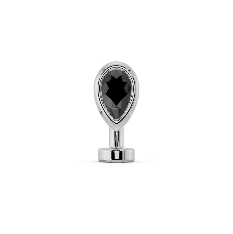 14k white gold petite teardrop floating belly ring with black onyx stone, front view on white background