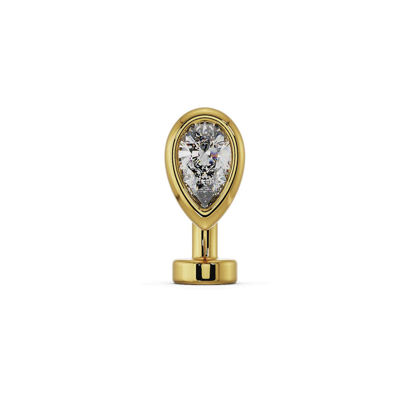 14k yellow gold floating navel ring with clear CZ teardrop stone in bezel setting, front view