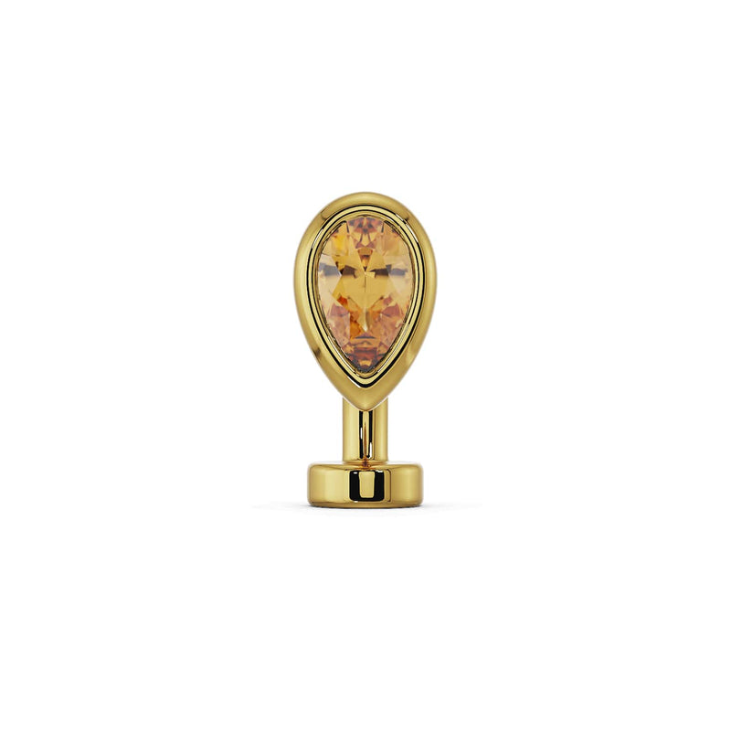 14k yellow gold petite teardrop floating belly ring with citrine stone, front view on white background